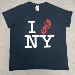 I Love New York T Shirt Men's Sz L Black Trek NYC Red Hiking Boot Footprint Tee